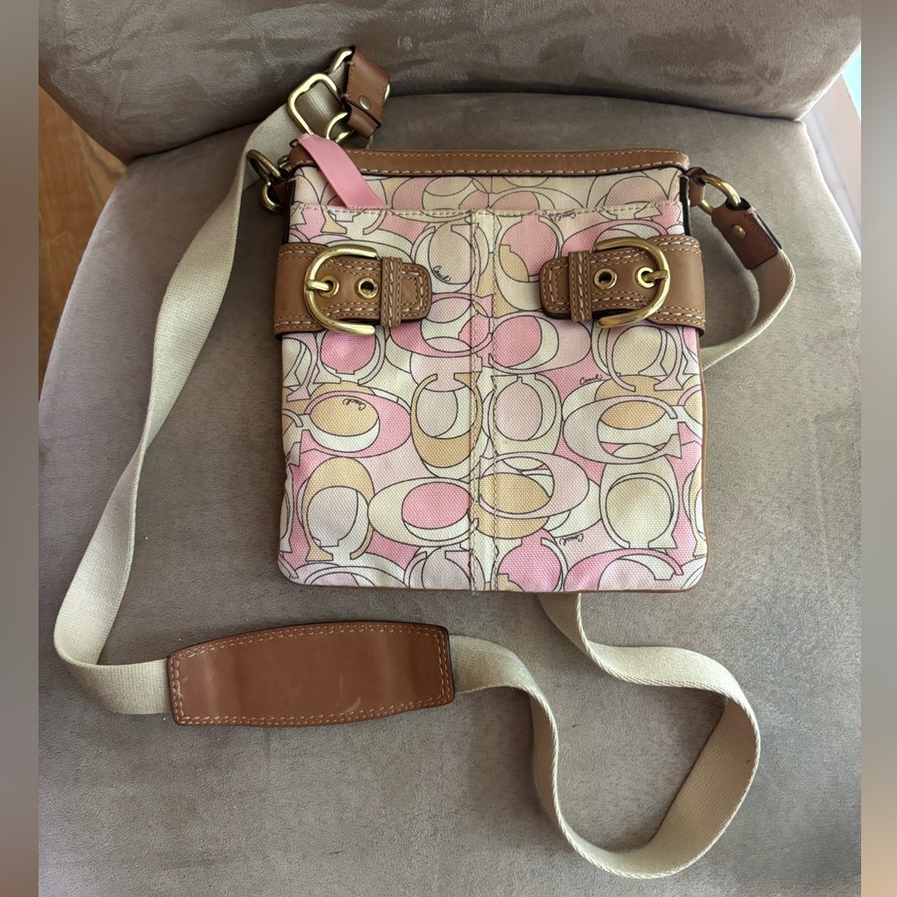 Coach Pink, White Print Canvas Crossbody Bag
